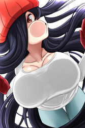  absurdly_long_hair against_glass beanie black_hair blue_pants breast_press breasts breasts_on_glass brown_eyes cheek_on_glass collarbone female gloves hair_between_eyes hand_on_glass hat izumo_fuuko large_breasts long_hair looking_at_viewer open_mouth pants profile red_beanie red_gloves red_headwear shirt thigh_gap undead_unluck very_long_hair white_background white_shirt yon_senpai 