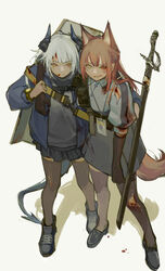  2girls absurdres animal_ears arknights arm_around_shoulder blood blood_from_mouth blood_on_face blue_jacket brown_hair bruise chinese_commentary commentary curtch dragon_girl dragon_horns fox_ears fox_girl fox_tail franka_(arknights) gloves grey_shirt highres horns injury jacket liskarm_(arknights) long_hair miniskirt multiple_girls name_tag open_clothes open_jacket orange_eyes ponytail shadow sheath sheathed shield shield_on_back shirt skirt smile tail thighhighs watch white_background white_hair wristwatch yellow_eyes 