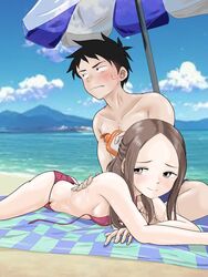  1boy absurdres averting_eyes beach bikini black_hair blush breasts brown_eyes brown_hair collarbone commentary_request couple day embarrassed female hatomugi_(user_datj4345) highres karakai_jouzu_no_(moto)_takagi-san karakai_jouzu_no_takagi-san long_hair lying nishikata ocean on_stomach outdoors parted_bangs petite red_bikini short_hair sideboob sitting small_breasts straight straight_hair summer sweatdrop swimsuit takagi-san untied_bikini untied_bikini_top 