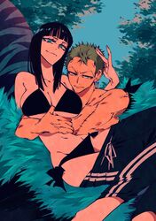  1boy arm_around_waist arm_between_breasts armband bad_id bad_twitter_id bandana_around_arm between_breasts black_bra black_hair blue_eyes blue_sky blunt_bangs bra breasts cleavage closed_mouth commentary earrings eyelashes female green_eyes green_hair green_nails hand_on_another&#039;s_head highres jewelry jungle light_smile looking_at_viewer looking_to_the_side medium_hair nature nico_robin one_piece pants roronoa_zoro scar scar_on_chest sky spiked_hair torso track_pants tree underboob underwear v-shaped_eyebrows veins wl6yugi8go1 