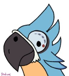  alpha_channel anthro avian beak blue_body blue_feathers breath_of_the_wild feathers humor kass_(tloz) male nintendo reaction_image rito silly_face simple_background smile stinkvali the_legend_of_zelda transparent_background watermark 