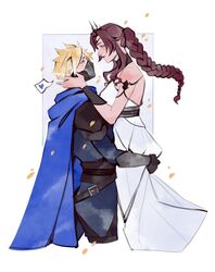  1boy absurdres aerith_gainsborough aerith_gainsborough_(loveless_dress) arm_around_waist armlet armor bare_shoulders black_gloves black_mask blonde_hair blue_cloak border bracer braid braided_ponytail breasts cloak closed_mouth cloud_strife cloud_strife_(alphreid_costume) couple cowboy_shot cropped_legs dress female final_fantasy final_fantasy_vii final_fantasy_vii_rebirth final_fantasy_vii_remake gloves hand_in_another&#039;s_hair heart highres long_dress long_hair looking_at_another mask medium_breasts mouth_mask official_alternate_costume parted_bangs princess_rosa_costume profile robasarel short_hair shoulder_armor sidelocks single_braid smile spiked_hair spoken_heart straight tiara wavy_hair white_border white_dress 