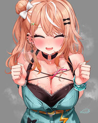  :d ^_^ aqua_dress belt between_breasts black_choker bow breasts breasts_squeezed_together bust_cup choker cleavage closed_eyes commentary_request dress drinking_straw ear_piercing earrings female festa11307070 grey_background hair_bun hairbow igarashi_rika igarashi_rika_(1st_costume) jewelry large_breasts looking_at_viewer medium_hair mole mole_on_breast multicolored_hair nijisanji o-ring o-ring_choker open_mouth orange_hair piercing simple_background single_hair_bun smile solo streaked_hair sweat virtual_youtuber white_bow white_hair yellow_belt 