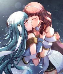  2girls armor blue_dress blue_hair breastplate breasts cape celica_(fire_emblem) cleavage commentary_request commission commissioner_upload dancer dress fingerless_gloves fire_emblem fire_emblem:_the_blazing_blade fire_emblem_echoes:_shadows_of_valentia gloves highres kissing multiple_girls ninian_(fire_emblem) priestess princess red_eyes red_hair skeb_commission tiara yozu_(yozu0420) yuri 