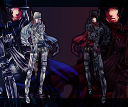  2boys alternate_color armor armored_boots black_armor black_bodysuit black_eyes black_hair black_headwear blood blood_on_face blood_on_weapon blue_cape blue_scarf bodysuit boots braid braided_ponytail cape closed_mouth commentary_request dagger dual_persona dual_wielding expressionless flowery_peko full_body gauntlets guillotine_cross_(ragnarok_online) hat holding holding_knife jamadhar knife leg_armor long_hair looking_at_viewer male_focus matching_outfits mole mole_under_mouth multiple_boys pauldrons ragnarok_online red_cape red_eyes red_scarf scarf shako_cap shoulder_armor smile waist_cape weapon white_armor white_hair white_headwear zoom_layer 