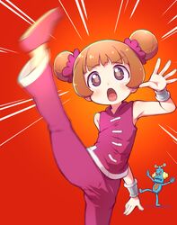  bare_shoulders blush brown_eyes brown_hair cicada_(warioware) commentary_request double_bun emphasis_lines female hair_bun high_kick highres kicking leg_up mike_(warioware) motion_blur open_mouth pants purple_footwear purple_pants purple_shirt red_background robot sakurabe_notos shirt shoe_soles shoes sleeveless sleeveless_shirt solo_focus standing standing_on_one_leg v-shaped_eyebrows warioware 