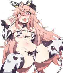  ahoge animal_ears animal_print bikini black_souls breasts cameltoe cleavage commentary covered_nipples cow_ears cow_horns cow_print cow_print_bikini cow_tail detached_sleeves female groin highres horns long_hair looking_at_viewer medium_breasts navel nyong_nyong pink_eyes pink_hair prickett_(black_souls) print_bikini simple_background solo star-shaped_pupils star_(symbol) swimsuit symbol-only_commentary symbol-shaped_pupils tail thighhighs white_background 