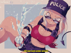  1990s_(style) belt black_belt blue_hat blue_shorts bluethebone bottle breasts cleavage commentary crop_top demon_girl demon_tail english_commentary english_text female fingerless_gloves gloves grey_eyes hat helltaker highres holding holding_bottle justice_(helltaker) large_breasts looking_at_viewer looking_over_eyewear midriff patreon_username plastic_bottle red_gloves retro_artstyle short_hair shorts sitting smile solo subtitled sunglasses tail thighs water water_bottle white_hair 