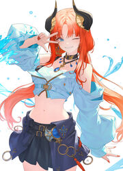  absurdres alternate_costume baggy_clothes black_choker black_skirt blue_eyes blue_gemstone blue_jacket blue_tube_top breasts choker clenched_teeth commentary cowboy_shot cropped_jacket daeho_cha fake_horns female gem genshin_impact hand_up highres horns hydrokinesis jacket jewelry long_hair looking_at_viewer low_twintails medium_breasts midriff miniskirt navel necklace nilou_(genshin_impact) off_shoulder one_eye_closed open_mouth parted_bangs partially_unzipped pleated_skirt red_hair red_nails sidelocks skirt solo strapless teeth three-finger_salute tube_top twintails water 