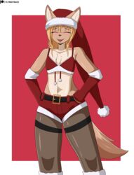  2023 anthro belly belt blonde_hair blush bottomwear canid canine cel_shading chest_tuft christmas christmas_clothing christmas_headwear closed_eyes clothed clothing costume digital_media_(artwork) english_text female fennec_fox flat_chested flyingtrace fox freckled_face freckles fur hair happy hat headgear headwear hi_res holidays hotpants legwear mammal midriff multicolored_body multicolored_fur navel open_mouth pants pantyhose santa_costume santa_hat shaded shorts signature simple_background slim smile solo tail tan_body tan_fur text topwear true_fox tuft url yazz_(flyingtrace) 