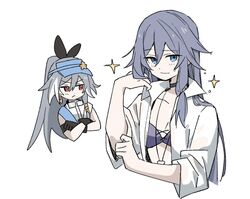  2girls blue_eyes blue_hair closed_mouth eyeliner fu_hua fu_hua_(herrscher_of_sentience) fu_hua_(ooh!_summer!)_(herrscher_of_sentience) grey_hair haigo_ti hair_between_eyes high_ponytail honkai_(series) honkai_impact_3rd long_hair low_ponytail makeup multicolored_hair multiple_girls official_alternate_costume on_head open_clothes open_shirt ponytail red_eyeliner red_eyes shirt simple_background smile streaked_hair swimsuit white_background white_hair white_shirt yellow_pupils 