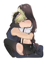  1boy bare_shoulders black_hair black_skirt blonde_hair breasts closed_eyes cloud_strife couple crop_top cuddling elbow_gloves female final_fantasy final_fantasy_vii final_fantasy_vii_remake fingerless_gloves gloves highres hug long_hair low-tied_long_hair pudelmudel short_hair sitting sitting_on_lap sitting_on_person skirt spiked_hair straight suspender_skirt suspenders tank_top tifa_lockhart 