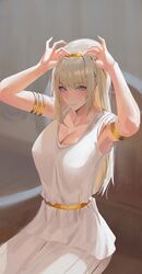  absurdres armlet armpits blonde_hair blush breasts cleavage collarbone dress female gold_hairband grey_eyes hairband hands_on_headwear highres long_hair rasipan shingeki_no_kyojin sitting sleeveless sleeveless_dress solo white_dress ymir_fritz 