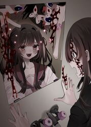  2girls absurdres bandaid bandaid_on_leg barefoot blood blood_on_face blood_on_mirror blush brown_hair bug commentary_request different_reflection hanataro_(sruvhqkehy1zied) highres indoors long_hair looking_at_mirror mirror moth multiple_girls open_mouth original pink_sailor_collar red_eyes reflection sailor_collar school_uniform shirt smile surprised two_side_up upper_body white_shirt 