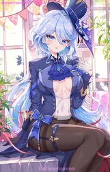  absurdres ahoge artist_name ascot asymmetrical_gloves black_gloves black_jacket black_pantyhose blue_ascot blue_brooch blue_eyes blue_hair blush bow breasts center_opening covered_navel cowboy_shot fallen-leaves female furina_(genshin_impact) genshin_impact gloves hair_between_eyes hat heterochromia highres indoors jacket long_hair looking_at_viewer medium_breasts mismatched_gloves multicolored_hair navel open_clothes open_jacket pantyhose sidelocks sitting smile solo streaked_hair top_hat two-tone_hair window 