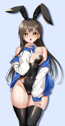  absurdres animal_ear_hairband animal_ears ass_visible_through_thighs bang_dream! bare_shoulders black_hair black_hairband black_leotard black_thighhighs blue_background blue_bow blue_bowtie blue_jacket bow bowtie breasts breasts_apart commentary covered_navel cowboy_shot crossed_bangs detached_collar dopamine70 drop_shadow fake_animal_ears female fingernails green_eyes groin hairband hanazono_tae hand_on_own_thigh hand_to_own_mouth hand_up highleg highleg_leotard highres jacket leotard long_hair long_sleeves looking_at_viewer medium_breasts off_shoulder open_clothes open_jacket open_mouth playboy_bunny rabbit_ears simple_background skindentation sleeves_past_wrists solo standing strapless strapless_leotard symbol-only_commentary teeth thigh_gap thighhighs upper_teeth_only very_long_hair 