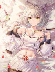  animal_ear_fluff animal_ears breasts cat_ears chest_jewel closed_mouth commentary core_crystal_(xenoblade) female fingerless_gloves flute gloves grey_hair hair_between_eyes half_gloves highres holding holding_instrument instrument jacket looking_at_viewer lying medium_breasts mio_(xenoblade) navel open_clothes open_jacket pillow pleated_skirt shirt short_hair skirt sleeveless sleeveless_shirt smile solo ui_frara white_gloves white_jacket white_shirt white_skirt xenoblade_chronicles_(series) xenoblade_chronicles_3 yellow_eyes 