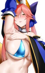  absurdres animal_ear_fluff animal_ears arind_yudha arm_up armpits bare_shoulders bikini blue_bikini blue_bow blush bow breasts cleavage detached_collar detached_sleeves fate/extra fate/grand_order fate_(series) female fox_ears fox_girl fox_tail hair_between_eyes hairbow highres large_breasts long_hair looking_at_viewer navel parted_lips pink_hair sidelocks smile solo swimsuit tail tamamo_(fate) tamamo_no_mae_(fate/extra) twintails wide_sleeves yellow_eyes 