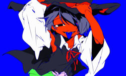  alternate_hair_color black_eyes black_hat blue_background blue_hair blue_tongue breasts collared_shirt colored_skin colored_tongue detached_sleeves enraku_tsubakura female genderswap_(otf) green_skirt hands_on_headwear hat len&#039;en ling_s neck_ribbon red_ribbon red_skin ribbon rule_63 shirt short_hair simple_background skirt sleeveless sleeveless_shirt small_breasts solo tongue tongue_out white_shirt white_sleeves 