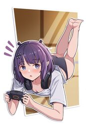  absurdres ass bare_legs barefoot black_panties blue_eyes blunt_bangs blush breasts cleavage collarbone controller feet female full_body headphones headphones_around_neck highres holding holding_controller hololive hololive_english looking_at_viewer lying ninomae_ina&#039;nis ninomae_ina&#039;nis_(loungewear) no_pants notice_lines nuebunny official_alternate_costume on_stomach open_mouth panties pointy_ears purple_hair shirt short_hair short_sleeves sidelocks small_breasts soles solo t-shirt the_pose underwear virtual_youtuber white_shirt 