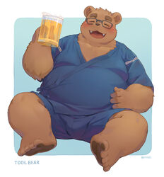  2023 absurd_res anthro bear belly big_belly blush bulge closed_eyes eyewear fur glasses hi_res humanoid_hands jinbei_(clothing) kemono male mammal moobs navel nipples overweight overweight_male seamonsterping simple_background sitting solo white_body white_fur 