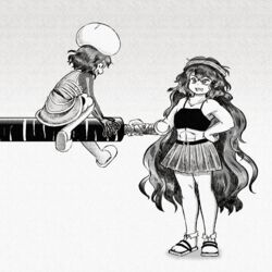  2others androgynous chikafumikou commentary greyscale hand_on_own_hip headband highres holding kitsugai_sese len&#039;en long_hair miniskirt monochrome multiple_others muscular oerba_yun_fang open_mouth other_focus pleated_skirt short_hair sitting skeletal_arm skirt slippers smile socks taira_no_fumikado very_long_hair 