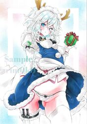  absurdres antlers arim0k0 artist_name ass_visible_through_thighs blue_eyes braid breasts christmas_present closed_mouth commentary deer_antlers female fur_trim gift grey_hair highres horns izayoi_sakuya juliet_sleeves knife long_sleeves looking_at_viewer maid maid_headdress medium_hair multicolored_background panties pom_pom_(clothes) puffy_sleeves sample_watermark side_braids solo thighhighs touhou traditional_media twin_braids underwear watermark weapon_in_garters white_panties white_thighhighs 