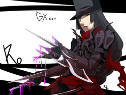  1boy arm_blade armor black_armor black_bodysuit black_eyes black_hair black_hat blood blood_drip bodysuit braid braided_ponytail cape character_name clenched_teeth commentary_request copyright_name dripping_blood flowery_peko gauntlets guillotine_cross_(ragnarok_online) half-closed_eyes hat long_hair looking_at_viewer male_focus mole mole_under_mouth pauldrons purple_blood ragnarok_online red_cape red_scarf scarf shako_cap shoulder_armor solo teeth waist_cape weapon white_background 