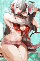  arknights bikini breasts demon_horns female grey_hair highres holding horns large_breasts looking_at_viewer navel red_eyes short_hair solo swimsuit tail w_(arknights) wet wet_clothes yuki_flourish 