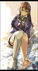  absurdres ashigara_(kancolle) ashigara_kai_ni_(kancolle) blush breasts brown_eyes brown_hair commission female gloves hair_between_eyes hairband highres indoors jacket kantai_collection large_breasts long_hair long_sleeves looking_at_viewer lying military military_uniform multicolored_ascot multicolored_neckerchief neckerchief pencil_skirt pixiv_commission print_neckerchief purple_jacket seitei_(04seitei) skirt smile solo thighhighs undressing uniform wavy_hair white_gloves white_hairband white_thighhighs 