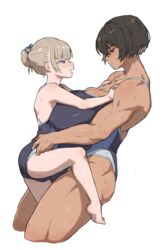  2girls black_hair blonde_hair blue_eyes breasts bulge carrying carrying_person competition_school_swimsuit dark-skinned_female dark_skin erection erection_under_clothes futa_with_female futanari gym_uniform hands_on_another&#039;s_thighs height_difference highres huge_breasts implied_futanari kei_(m_k) long_hair m_k multiple_girls original ponytail red_eyes rika_(m_k) school_swimsuit short_hair simple_background size_difference standing sweat swimsuit tall tall_female tan tomboy 