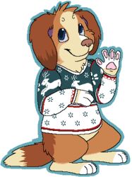  2013 aliasing alpha_channel ambiguous_gender anthro beagle blue_eyes blue_outline bottomless brown_body brown_fur brown_nose canid canine canis christmas christmas_clothing christmas_sweater christmas_topwear clothed clothing digital_drawing_(artwork) digital_media_(artwork) digitigrade domestic_dog female_(lore) flat_colors floppy_ears fuchsia_(fuchsianess) fur gesture grey_sclera handpaw herding_dog hindpaw holidays hunting_dog lop_ears low_res mammal markings microsoft_paint_(artwork) mixed_breed outline pastoral_dog pawpads paws pink_pawpads purple_inner_ear scent_hound sebdoggo semi-anthro simple_background smile snout solo sweater tail tan_body tan_fur topwear transparent_background waving waving_at_viewer welsh_corgi white_markings 