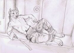 anthro armor axe biceps biped bottomwear canid canine canis chest_tuft claws clothed clothing domestic_dog firefighter fur grin headgear helmet lying magnum_(artist) male mammal markings melee_weapon muscular muscular_anthro muscular_male on_side pants pose sketch smile solo spots toe_claws topless tuft turnout_gear uniform weapon