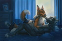 anthro barefoot bed bedroom biceps brown_eyes canid canine canis cuddling detailed detailed_background digit_ring digital_media_(artwork) duo eye_contact feet fox furniture grey_eyes hi_res hug hybrid inside jewelry leg_markings lei_long looking_at_another love male male/male mammal markings married muscular paws ring side_view socks_(marking) tod_blackpaw_fox torso_grab wedding_ring window wolf zambuka