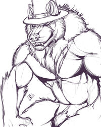 2012 4:5 anthro canid canine canis clothing fangs furgonomics hat hat_only headgear headgear_only headwear headwear_only male mammal monochrome mostly_nude muscular muscular_anthro muscular_male rrowdybeast solo teeth wolf