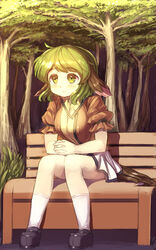 5:8 animal_humanoid bench blush bottomwear breasts clasped_hands clothing danbo_(rock_clime) female green_eyes green_hair hair hi_res human humanoid kyouko_kasodani mammal on_bench park plant short_hair sitting skirt solo touhou tree