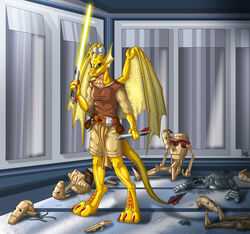 2005 anthro b1_battle_droid b2_super_battle_droid battle_droid breasts digitigrade dragon dual_wielding female green_eyes holding_melee_weapon holding_object holding_sword holding_weapon horn jedi lightsaber looking_at_viewer machine melee_weapon membrane_(anatomy) membranous_wings messy mythological_creature mythological_scalie mythology non-mammal_breasts pouches robot scalie solo star_wars suzi_drakalette suzidragonlady sword tail weapon wings yellow_lightsaber