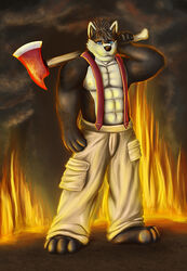 abs anthro athletic axe barefoot biceps big_muscles biped black_body black_fur black_hair black_nose blue_eyes bottomwear braces canid canine canis cargo_pants clothed clothing digital_media_(artwork) feet fire fire_axe firefighter front_view full-length_portrait fur grey_body grey_fur grin hair hatchet looking_at_viewer male mammal melee_weapon muscular muscular_anthro muscular_male pants pecs portrait pose smile smoke solo standing suspenders topless turnout_gear uniform unknown_artist weapon wolf