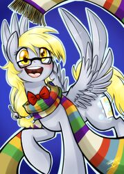 amber_eyes balddumborat blonde_hair blush bow_(feature) bow_tie clothing cutie_mark derpy_hooves equid equine eyewear feathered_wings feathers female feral friendship_is_magic fur glasses grey_body grey_feathers grey_fur hair hasbro hi_res key long_hair looking_at_viewer mammal my_little_pony mythological_creature mythological_equine mythology open_mouth paper pegasus scarf smile solo tape teeth tongue wings yellow_eyes