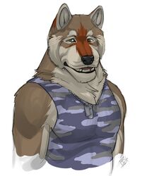 5:6 anthro army black_nose brown_eyes canid canine canis clothing domestic_dog hi_res looking_at_viewer male mammal military muscular muscular_anthro muscular_male pecs rrowdybeast soldier solo uniform warrior