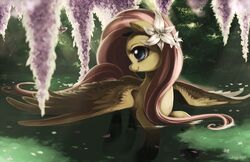 arthropod butterfly equid equine feathered_wings feathers female feral flower fluttershy_(mlp) friendship_is_magic hasbro insects jiayi lepidopteran mammal my_little_pony mythological_creature mythological_equine mythology pegasus plant pond solo water wings yellow_body yellow_feathers