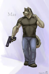 abs anthro athletic biceps big_muscles biped black_body black_fur black_nose boots bottomwear canid canine canis cigarette clothed clothing denim denim_bottomwear denim_clothing fangs footwear front_view fully_clothed fur grey_body grey_fur gun handgun holding_gun holding_object holding_ranged_weapon holding_weapon jeans male mammal manly muscular muscular_anthro muscular_male pants pecs pistol pose ranged_weapon rrowdybeast shirt smoking solo standing stereotype teeth topwear weapon wolf