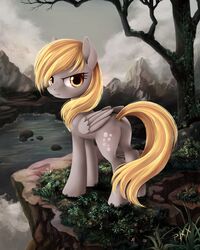 2013 4:5 blonde_hair cloud cutie_mark derpy_hooves detailed detailed_background equid equine feathered_wings feathers female feral friendship_is_magic grass grey_body grey_feathers hair hasbro hi_res lake landscape looking_at_viewer looking_back mammal mountain my_little_pony mythological_creature mythological_equine mythology nature outside pegasus plant ponykillerx rock solo standing tree water waterfall wings