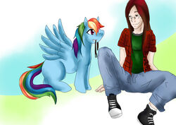 absurd_res blue_body blue_feathers blue_fur collar duo equid equine feathered_wings feathers female feral friendship_is_magic fur grin hair hasbro hi_res human kaeaskavi male mammal multicolored_hair my_little_pony mythological_creature mythological_equine mythology pegasus rainbow_dash_(mlp) rainbow_hair smile tenko_guren wings