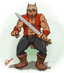 2012 abs anthro athletic bandage belt biceps biped black_nose boots bottomwear brown_body brown_fur brown_hair canid canine canis chestnuts_(artist) claws clothed clothing footwear fur hair holding_melee_weapon holding_object holding_sword holding_weapon jaryl_(character) looking_at_viewer male mammal melee_weapon muscular muscular_anthro open_clothing open_shirt open_topwear pants pecs pose red_eyes scar shirt solo standing sword topwear torn_clothing vest weapon wolf