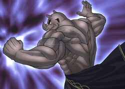 5_fingers abs altauro anthro athletic back_muscles biceps big_muscles biped clothed clothing fingers fist grey_body grey_skin grin horn looking_at_viewer looking_back male mammal muscular muscular_anthro muscular_male pecs pose rhinoceros saito smile solo standing teeth topless yellow_eyes