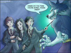 2007 anthro black_nose canid canine canis capcom claws clothing crossover darkstalkers dialogue english_text eye_contact eyewear female freckles glasses group gryffindor harry_potter harry_potter_(series) hermione_granger hogwarts_uniform human jon_talbain looking_at_another magic_user male mammal mythological_canine mythological_creature mythology necktie ronald_weasley scared school_uniform smile talbaineric teeth text uniform wand were werecanid werecanine werewolf wolf