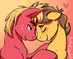 big_macintosh_(mlp) blonde_hair blush brown_hair caramel_(mlp) closed_eyes duo earth_pony equid equine feral freckles friendship_is_magic fur green_eyes hair half-closed_eyes hasbro heart_symbol hoodoo horse male male/male mammal my_little_pony narrowed_eyes orange_body orange_fur pony red_body red_fur smile