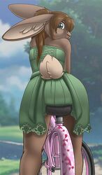 anthro bicycle biped bottomwear brown_body brown_hair brown_skin clothing cloud cycling dark_nurse digital_media_(artwork) dress female green_bottomwear green_clothing green_eyes green_topwear hair inner_ear_fluff koko_bun_bun lace lagomorph leporid looking_at_viewer looking_back mammal outside portrait rabbit rear_view sitting sky solo three-quarter_portrait topwear translucent translucent_hair tuft vehicle