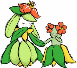 bellossom blush closed_eyes duo elemental_creature female flora_fauna flower generation_2_pokemon generation_5_pokemon hand_holding head_flower humanoid lilligant nintendo plant pokemon pokemon_(species) pseudo_bottomwear pseudo_clothing pseudo_skirt simple_background unknown_artist white_background